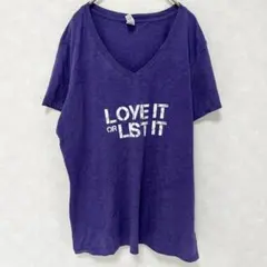VネックTシャツ 半袖 プリントロゴ 古着 大きめサイズ パープル 紫 XL