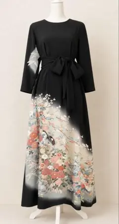 391 手染め大輔 着物リメイク 藍紬 紫陽花柄 ワンピース М