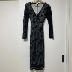 ブラック フラワー柄 Vネック ロングドレス