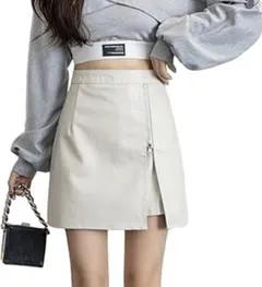 【新品未使用】フェイクレザー ミニスカート ホワイトベージュ　Lサイズ