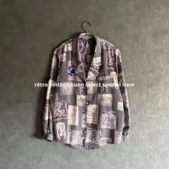 昭和レトロ総柄シャツ　オープンカラーシャツ　ヴィンテージブラウス　レトロボタン