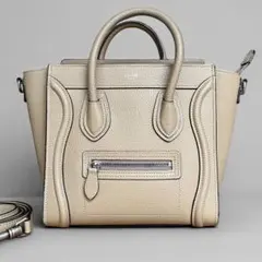 現行ロゴ セリーヌ ラゲージ ナノ ショルダーバッグ レザー ベージュ デューン