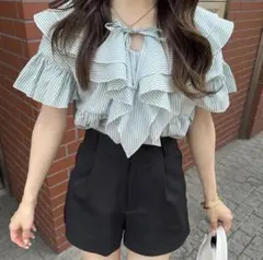 グレイル　GRL ストライプ フリル 半袖ブラウス