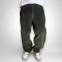 ユーロ古着 2タック 太畝コーデュロイ パンツ グリーン ワイド スラックス