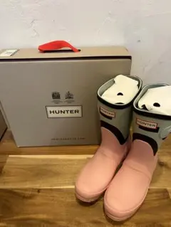 HUNTER ショートブーツ バックル付き ピンク×ペールグリーン