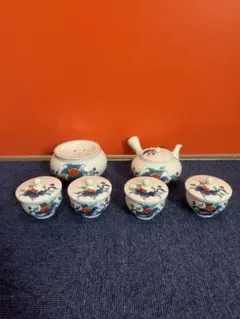 1776 有田焼畑萬陶苑 色鍋島内山水岩牡丹 茶器セット急須1 建水1湯呑蓋付4