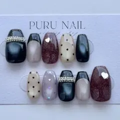 489現品◾️ハート×マグネット️×フレンチ×ネイビーパープル×個性派◾️ネイルチップ