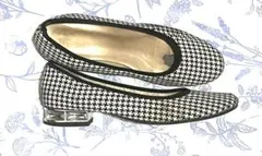 フラットシューズ ブラック・ホワイト 千鳥格子 ビジューヒール