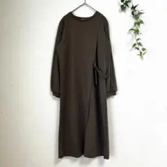 ドレスキップ 異素材チュール袖ワンピース ブラウン M ベルト付 体型カバー