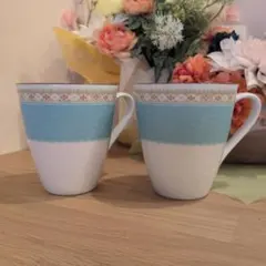 ノリタケ　ハミングブルー　水色　白　陶器　マグカップ　 2個セット
