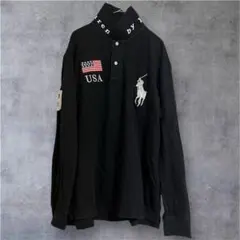 希少 ポロラルフローレン ビッグポニー刺繍 長袖ポロシャツ USA星条旗 黒XL