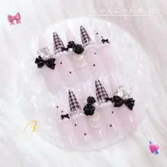 スナ系 ワンホン 量産型 地雷 女児 ネイルチップ ゴテゴテ 千鳥柄 リボン 黒