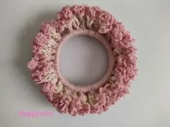 ハンドメイド　シュシュ　ピンク　桜　フリル　大人かわいい　くすみカラー　かぎ編み