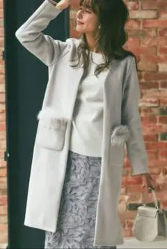 ２ＷＡＹフォックスファー付きポケットフラワーモチーフ装飾コーディガン　IG