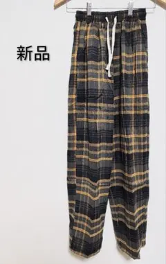 【新品】チェック柄イージーネルパンツ 薄手 ブラック×イエロー Mサイズ
