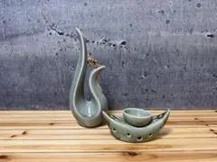 緑色の流線型陶器セット　お香　アジアン雑貨