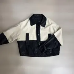 韓国 合成皮革 ブラック ホワイト ショートレザージャケット