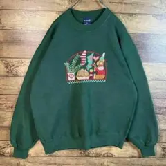 90s USA製　刺繍デザイン　スウェットトレーナー　L 裏起毛　ダークグリーン