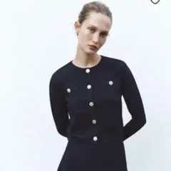 ZARA ネイビー ノーカラージャケット 金ボタン ニット カーディガン
