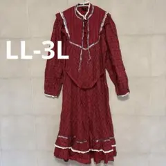 赤いフリル付きワンピース 3L (またはLL) サイズ 長袖 ワンピース ロング