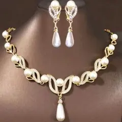 パールイヤリング & パールネックレスビジューラインストーンジルコニアネックレス
