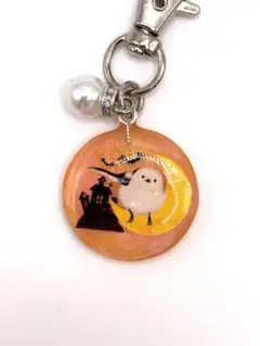 シマエナガ✨レジン✨かわいい✨キーホルダー✨パール✨ハロウィン✨月✨ラメ✨橙✨A