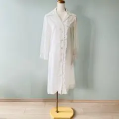 カットワークレース フリル 前開き 長袖 ワンピース ホワイト海外古着 N181