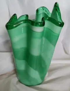 【昭和レトロ】フリルガラス コンポート 花器 ピンク縁 グリーン脚 ヴィンテージ 希少】昭和レトロ マーブルガラスのコンポート/ヴィンテージ 脚付き