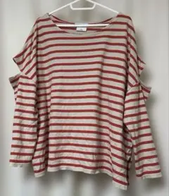 【美品！！】ボーダー カットアウト肩スリット長袖Tシャツ オレンジ フリーサイズ