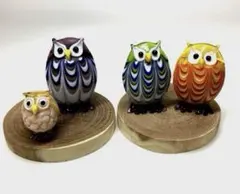 ララ様専用ベネチアンガラス&ガラス製フクロウ置物　 4点セット、木製台2点付き