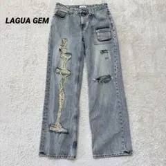 Lagua Gem ASYMMETRY Crushed Denim Distressed Denim Y2K