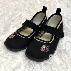 19cm キッズ フラワー刺繍 ストラップシューズ ブラック