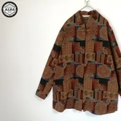スタンドカラーシャツ　ペイズリー柄　エスニック柄　比翼ボタン　レトロ　ブラウン