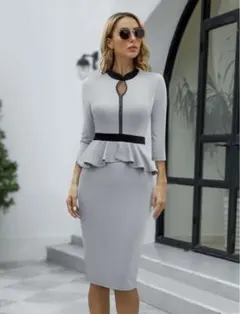 ペプラムロングワンピース グレー