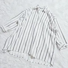 イング】7分袖 スキッパー ストライプシャツ M きれいめ カジュアル オフィス