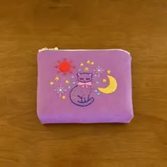 手刺繍☆ねこ☆12㎝ファスナーポーチ(パープル)