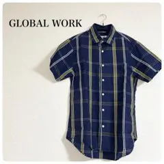 GLOBAL WORK ネイビー/イエロー チェック 半袖シャツ M