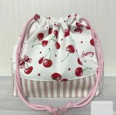 No.688 お弁当袋 巾着袋 ハンドメイド 女の子 さくらんぼ りぼんかわいい