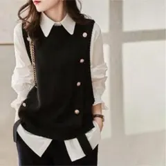 【新品】ニットベスト レディース トップス ノースリーブ ボタン付 ブラック 黒