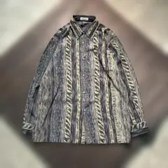 7BS2 総柄　長袖シャツ　ペイズリー柄　青系　レトロ　日本製　花柄　古着