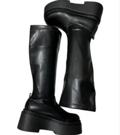 厚底 ストレッチ ロングブーツ 24cm 黒 ブラック ブラットフォーム　爆盛