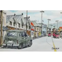 原画一点物　「古い通り」　＜ペンスケッチ＋透明水彩＞