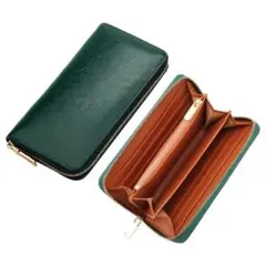 大容量★長財布 本革 財布 ラウンドファスナー ロングウォレット 小銭入れ 緑