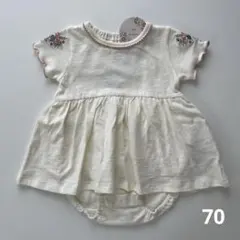 新品(70) 半袖 ロンパース お花 刺繍 メロウ 綿100% ママラク コラボ