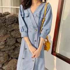 レディース 春秋 5分袖 デニム ワンピース Vネック Aライン