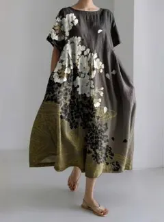 和柄 花柄 Aラインロングワンピースゆったり 体型カバー お洒落 和モダン