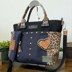 としこ様専用　ポケットたくさん　デニム×レオパード　ポーチ/底鋲付き