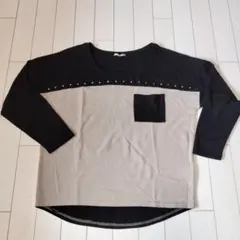 グレイルスタッズ装飾付き 配色切り替え長袖Tシャツ ブラック/ベージュ