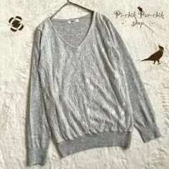 【ナチュラルビューティーベーシック】Vネックニット　グレー　レース素材　M