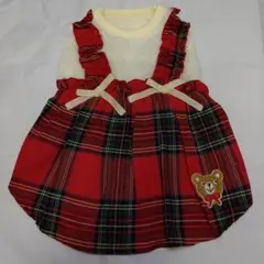 犬服4号、クリームとチェック柄、薄くて軽いので着やすい、リボンと熊ついて可愛い